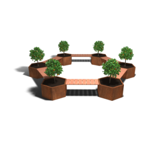 Cortenstaal plantenbak met bankje kampvuur opstelling