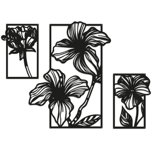 Metalen wanddecoratie Flowers 3-parts-Large Zwart