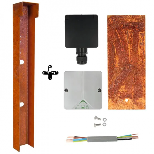 Tuinpaal - pro+ enkel met kabeldoos, afdekkap en installatiedraad cortenstaal