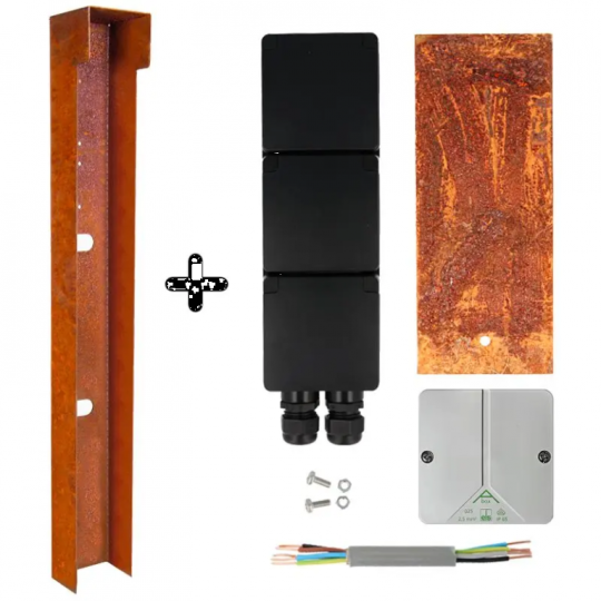 Tuinpaal - pro+ drievoudig met kabeldoos, afdekkap en installatiedraad cortenstaal