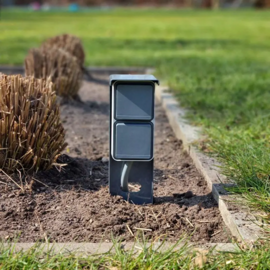 Tuinpaal - pro+ dubbel met kabeldoos, afdekkap en installatiedraad grijs