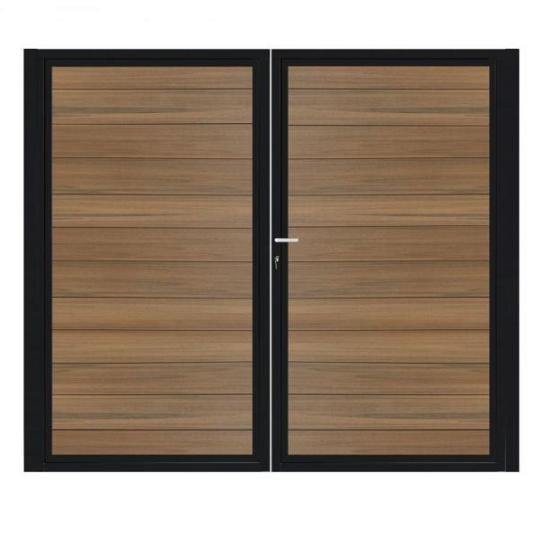 Dubbele aluminium poort horizontaal met toebehoren en vulling 200x160 cm Zwart + Geborsteld Teak