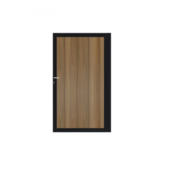 Enkele aluminium poort verticaal met toebehoren en vulling 100x160 cm Zwart + Geborsteld Teak