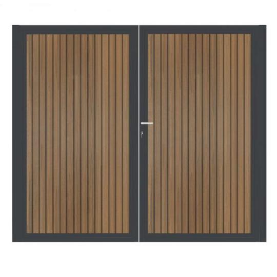 Dubbele aluminium poort verticaal met toebehoren en vulling 200x160 cm Antraciet + Rhombus Teak
