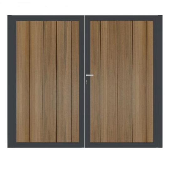 Dubbele aluminium poort verticaal met toebehoren en vulling 200x160 cm Antraciet + Geborsteld Teak