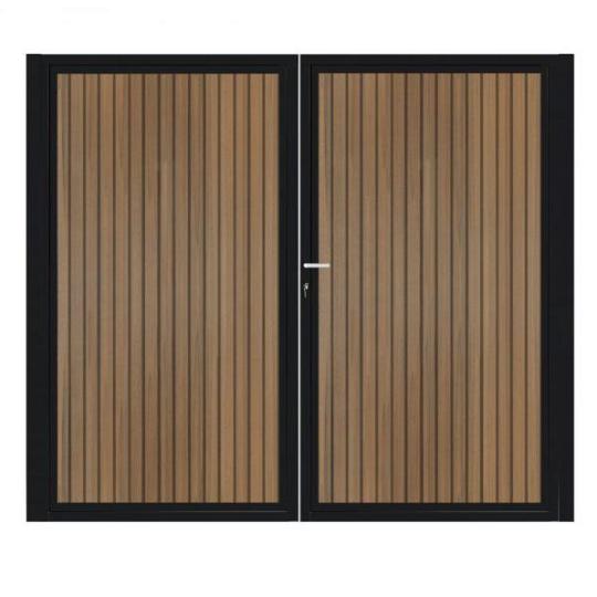Dubbele aluminium poort verticaal met toebehoren en vulling 200x160 cm Zwart + Rhombus Teak