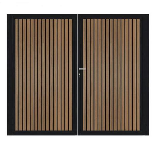Dubbele aluminium poort verticaal met toebehoren en vulling 200x160 cm Zwart + Rhombus Schaduw Teak