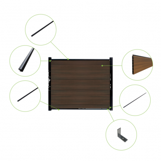 WPC Schutting Compleet Verticaal incl. 1 paal 184 x188 cm Zwart + Teak Geborsteld
